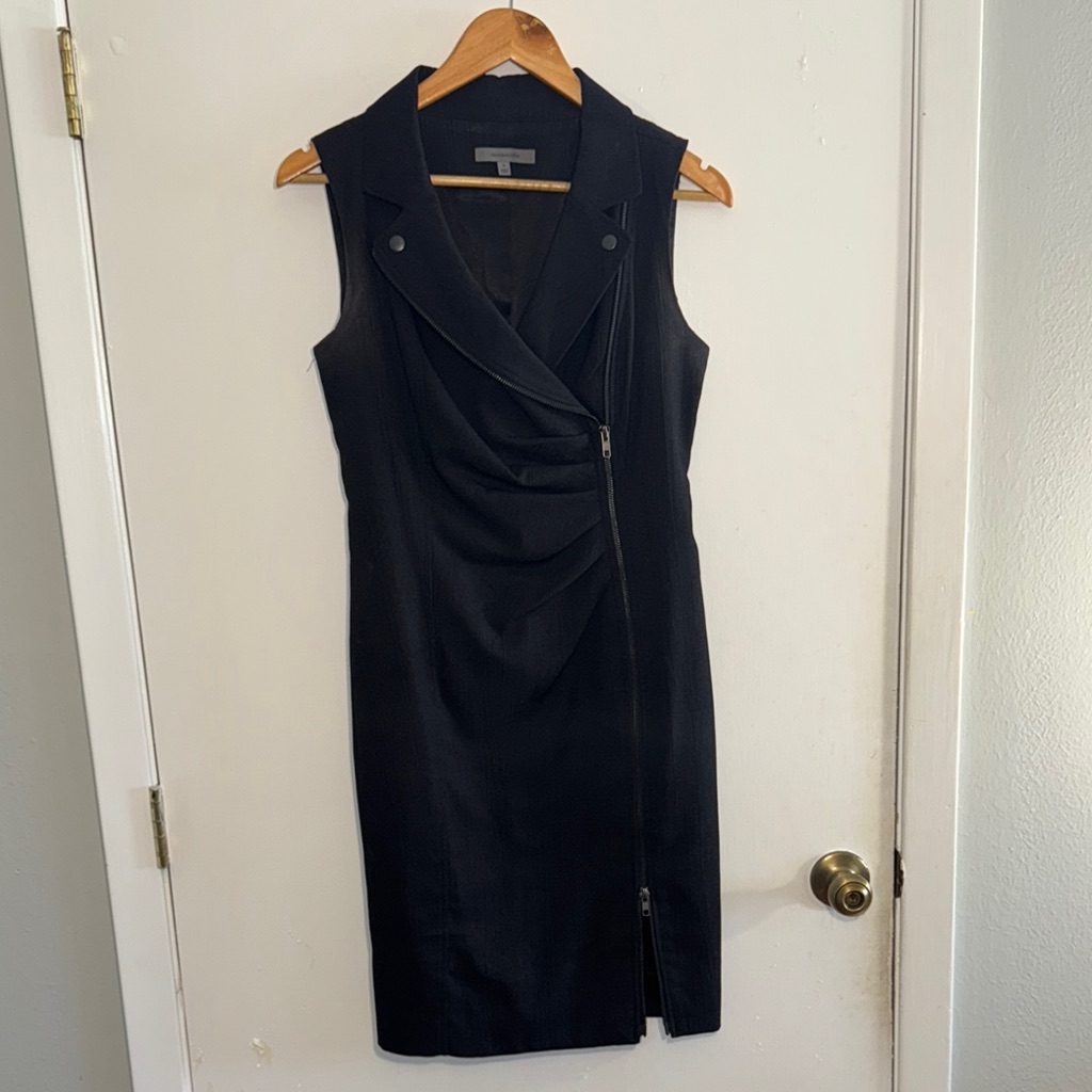 Charcoal Sheath Dress With V-Neck & Notched Collar - Flattering Zipper Detail
